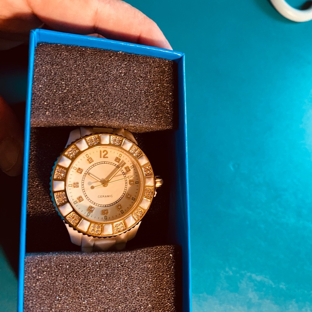 Gold and White Ceramic Watch with Crystal Accents